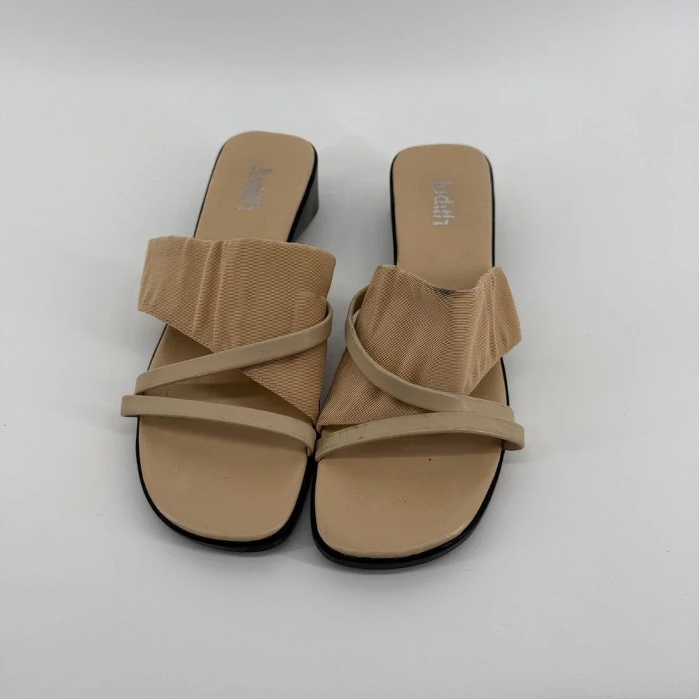 Vintage Y2K Tan Ribbed Fabric Wedge Slide On Stretch Strap Sandals Women Size 9M